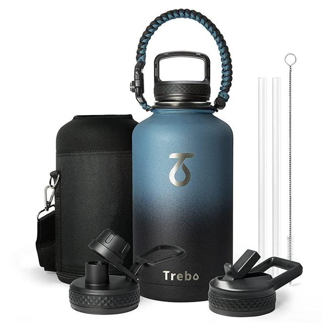Water Bottle 64oz with Paracord Handle, Trebo Half Gallon Food-grade Double Wall Vacuum Stainless Steel Insulated Jug with Straw Spout Handle Lids, Leakproof Keep Cold & Hot, Ombre: Indigo/Black