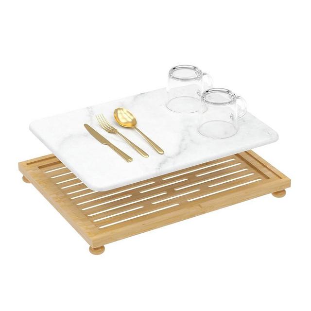 Golener Stone Drying Mat for Kitchen Counter, Dish Drying Pad with Bamboo Rack, Super Absorbent Diatomaceous Earth and Drying Rack, Multi-purpose Quick Drying Mat Rack for Kitchen,16”x12”,Marble White