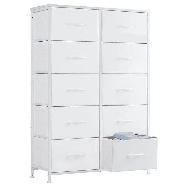 Sweetcrispy 10 Drawer Fabric Dresser Tall Chest Storage Organizer Tower with Cabinet Metal Frame and Wood Top Lightweight Nursery Closet Furniture for Bedroom,Cream White