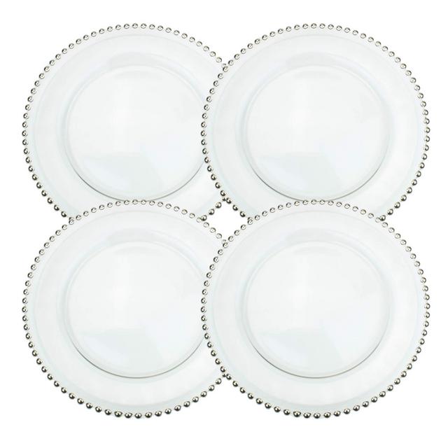 Ms Lovely Clear Glass Charger 12.6 Inch Dinner Plate with Beaded Rim - Set of 4 - Silver
