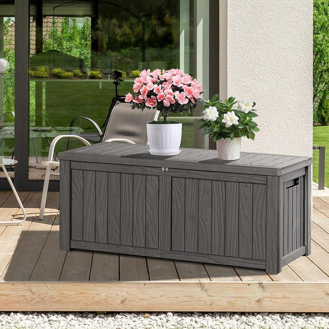 Yardgrace 120 Gallon Waterproof Deck Box, Lockable Resin Storage Box for Patio Furniture Cushions Garden Tools and Outdoor Delivery Storage, Coffee