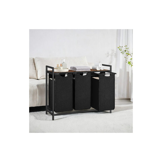 Laundry Sorter Hamper, 3 x 10 Gallons, with 3 Removable Pull-Out Bags, Metal Frame, Shelf, 36.4 x 13 x 28.4 In Laundry Basket Black