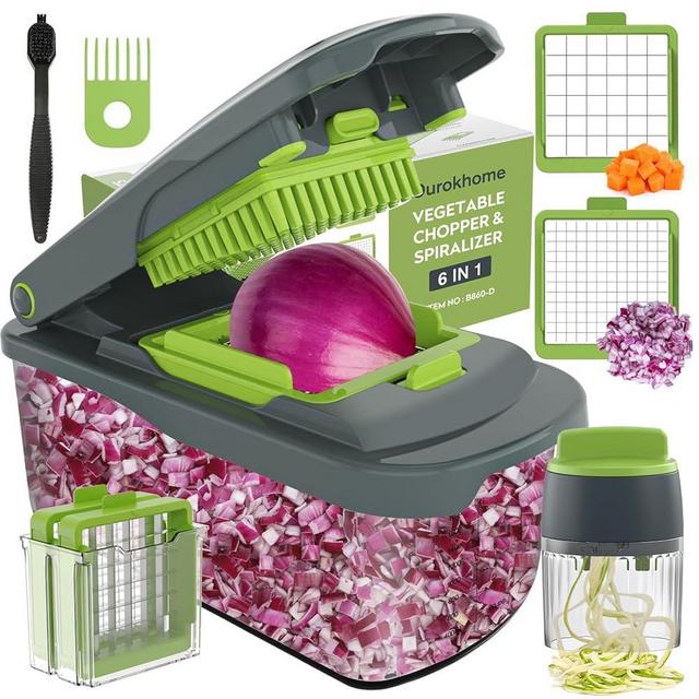 Ourokhome Vegetable Chopper Zucchini Spiralizer, Multifunctional Onion Cutter Food Chopper with Handheld Veggie Spiral and Container for Potato, Tomato, Carrot, Essential Kitchen Gadget(6 in 1, Gray)