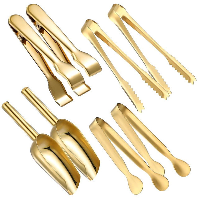 Sieral 8 Pieces Gold Ice Tongs and Scoops for Ice Bucket Stainless Steel Versatile Serving Tongs with Teeth Shovel Scoop for Freezer Kitchen Food Buffet Cocktail Tea Party Bar Wedding BBQ
