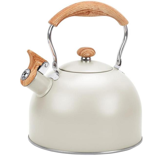 GGC Tea Kettle for Stove Top, 85OZ/2.6QT Whistling Tea Kettles for Boiling Water Milik or Coffee, White Stainless Steel Tea Pots with Wood Pattern Folding Handle, Thumb Design Control Kettle Outlet