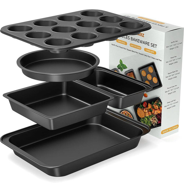 Zapstarz 5 Pieces Baking Pans Set, Nonstick Baking Sheet Tray Oven Pans Bakeware Set, Baking Supplies with Round/Square Cake Pan, Muffin Pan, Loaf Pan, Roast Pan, Stackable Baking Sets for Cooking