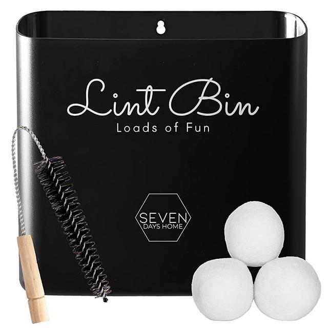 Magnetic Lint Bin for Laundry Room Decor and Accessories 3 Piece Set Bundle - Laundry Room Organization and Storage for Washer Dryer Large Lint Bins, Dryer Vent Cleaner Kit Lint Brush, Wool Balls