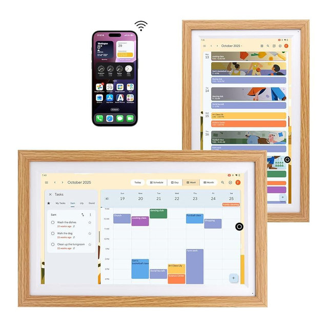 15.6" Digital Google Calendar+Pen,No Subscription|All-in-one Smart Display:Photo Frame,Google Play Apps,Voice Assistant,Home Hub,Streaming|Built-in Battery|Wall&Desk|Anti-Glare Touchscreen|Oak Wood