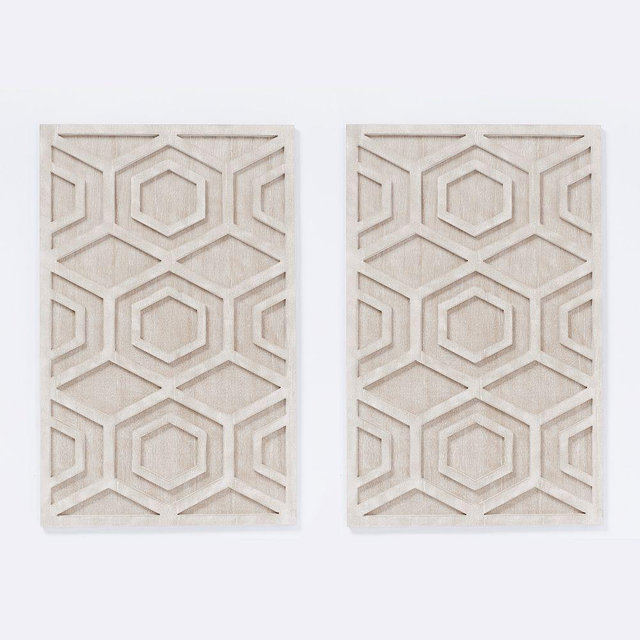 Graphic Wood Wall Art, White, Hexagon, Set of 2