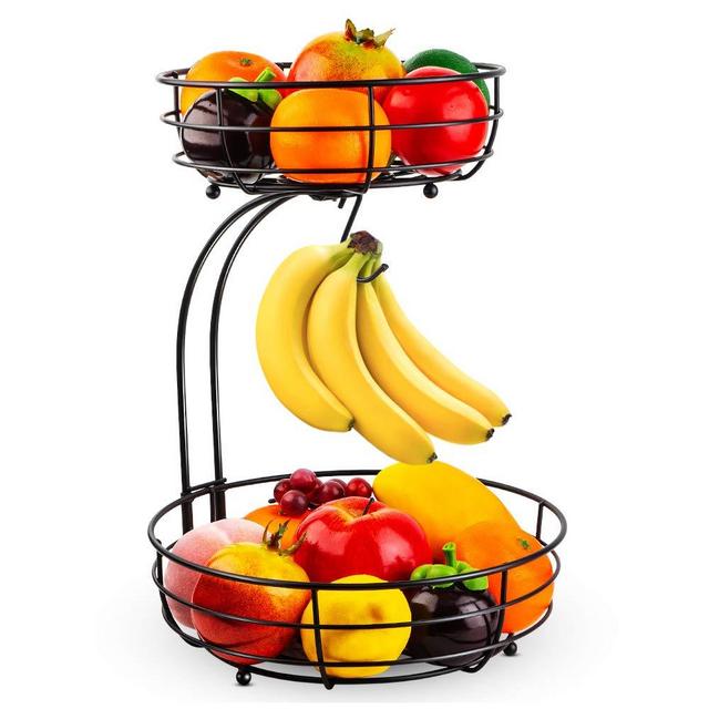 Auledio 2-Tier Countertop Fruit Vegetables Basket Bowl Storage With Banana Hanger, Black