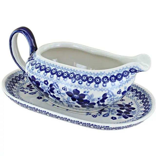 Blue Rose Polish Pottery Vintage Blue Daisy Gravy Boat & Plate