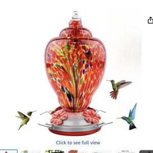 WOSIBO Hummingbird Feeder for Outdoors Patio Large 32 Ounces Colorful Hand Blown Glass Hummingbird Feeder with Ant Moat Hanging Hook, Rope, Brush and Service Card (RED-Firework)