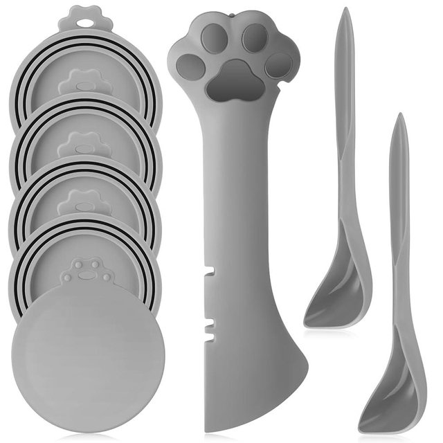 Uiifan 8 Pcs Pet Food Can Supplies Set 5 Pcs Universal Silicone Pet Food Can Covers Lids 2 Pcs Silicone Can Spoons 1 Pcs Multifunctional Pet Can Opener for Pets Dogs Cats Feeding Can (Gray)
