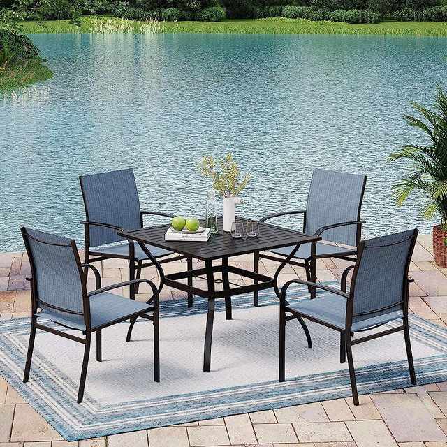 MIXPATIO 5 Piece Patio Furniture Set, Patio Dining Set with 4 Dining Chairs and 37" Square Metal Umbrella Table for Deck Garden Backyard Lawn Poolside