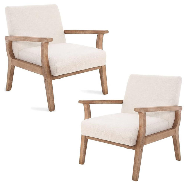 CIMOO Upholstered Recliner Chair Set of 2 Mid Century Modern Accent Chair Comfy Fabric Armchair Indoor Corner Chair with Wood Frame for Bedroom Living Room Sitting, Beige