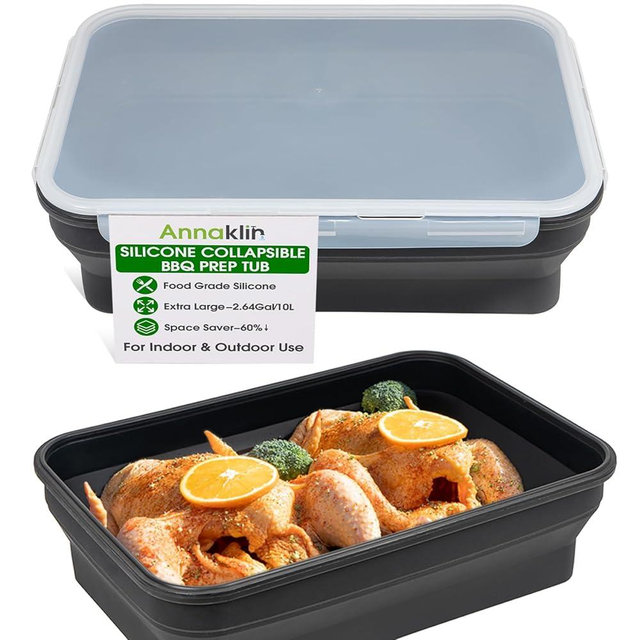 Silicone Collapsible Marinating Container with Lid for Meat, Extra Large Collapsible BBQ Prep Tub, 2.64Gal/10L, Transparent Locking Lid, XL Grill Prep Trays and Carry System, BBQ Must-Have, Black