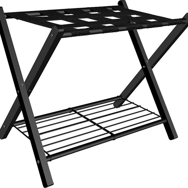 mocomax 1 Pack Folding Luggage Rack for Guest Room, Foldable Suitcase Stand Holder with Metal Storage Shelf for Bedroom, Living Room, Hotel Essentials, Heavy Duty Steel Frame, Black