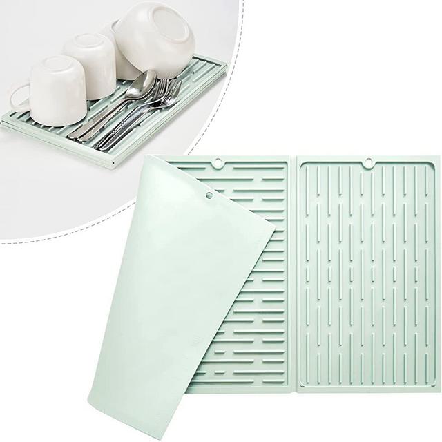 BTH Trifold Silicone Dish Drying Mat for Kitchen Counter, Collapsible and Foldable Drying Mat for Counter Top, Cold and Heat Resistant Dish Drainer Mat, Dishwasher Safe, Large, 24"x13",Pistachio Green