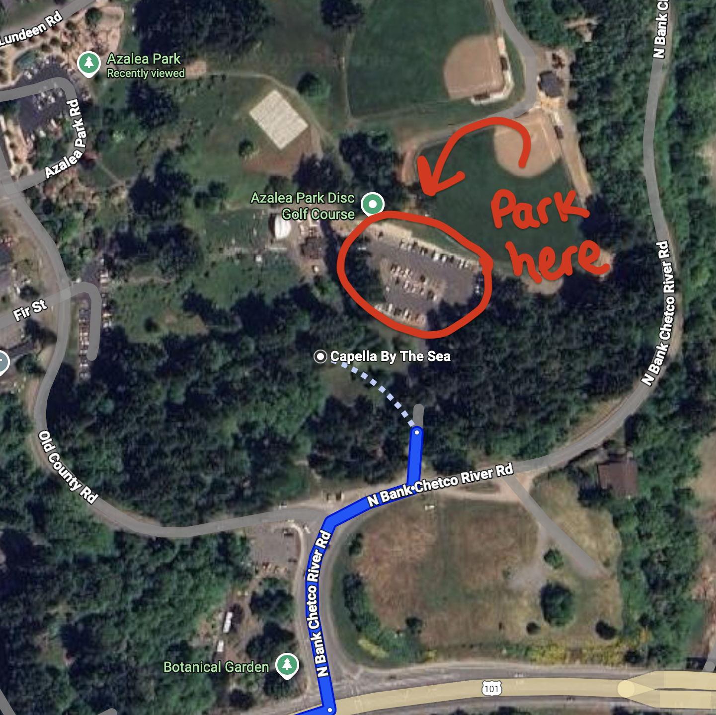 Ceremony site - Capella by the Sea, Brookings OR. Follow the GPS and park in the parking lot circled in red here.