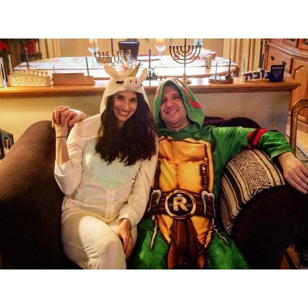 A very onesie Christmas and Hanukkah celebration at MaryAnn's family's big holiday party on Christmas Eve (there were 67 people that year!)!