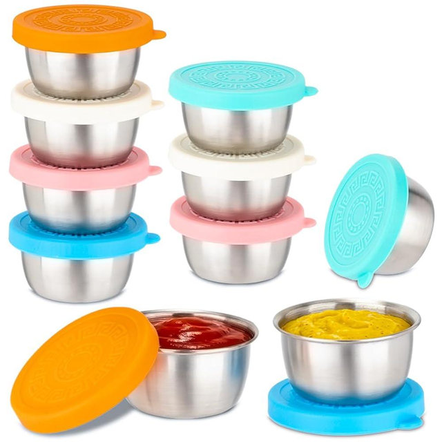 JUSTASHOW 10 Pack 1.6 Oz Salad Dressing Containers To Go, Stainless Steel Small Condiment Containers with Lids, Reusable Leakproof Sauce Container Cups for Lunch Bento Box Picnic & Travel