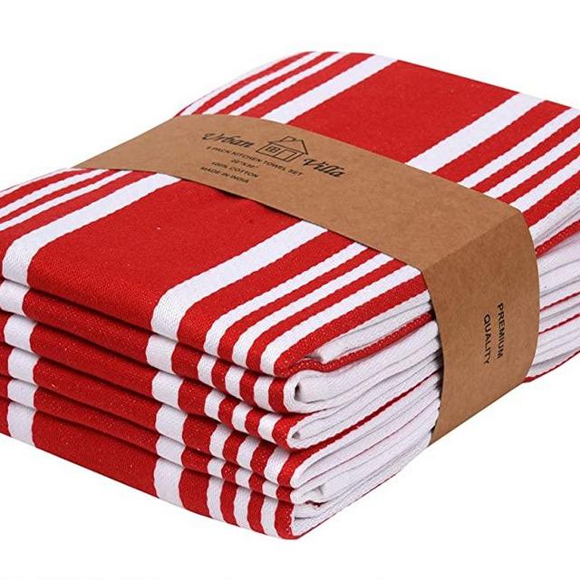 Urban Villa Kitchen Towels,Trendy Stripes, 100% Cotton Dish Towels, Mitered Corners, (Size: 20X30 Inch),Chilli Red/White Highly Absorbent Bar Towels & Tea Towels - (Set of 6)