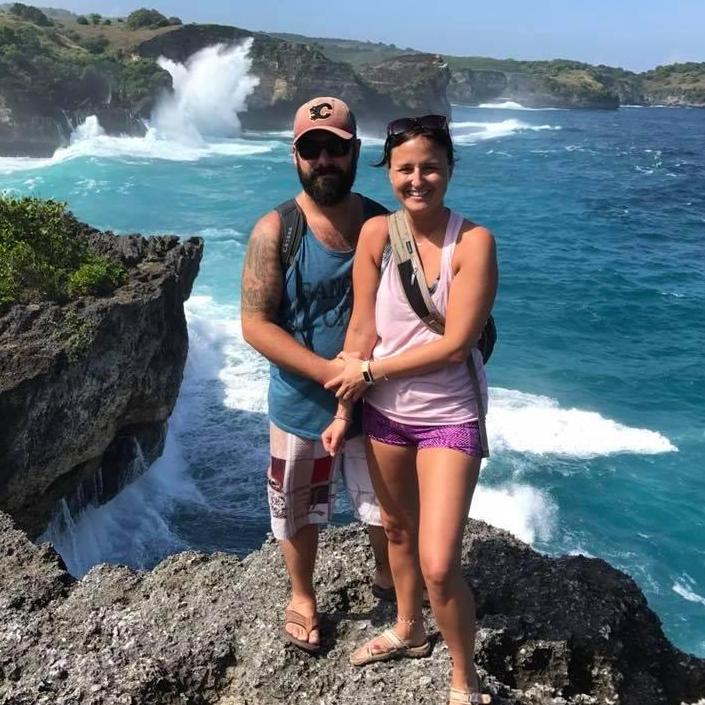 Here we are in Nusa Pendia, one of our many excursions in Indonesia. Leslie was terrified of the heights, but Chase held on tight!