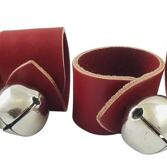 Sleigh Bells Napkin Ring Set for Christmas Holiday Tableware Brass Bell and Leather USA Made, Pack of 4