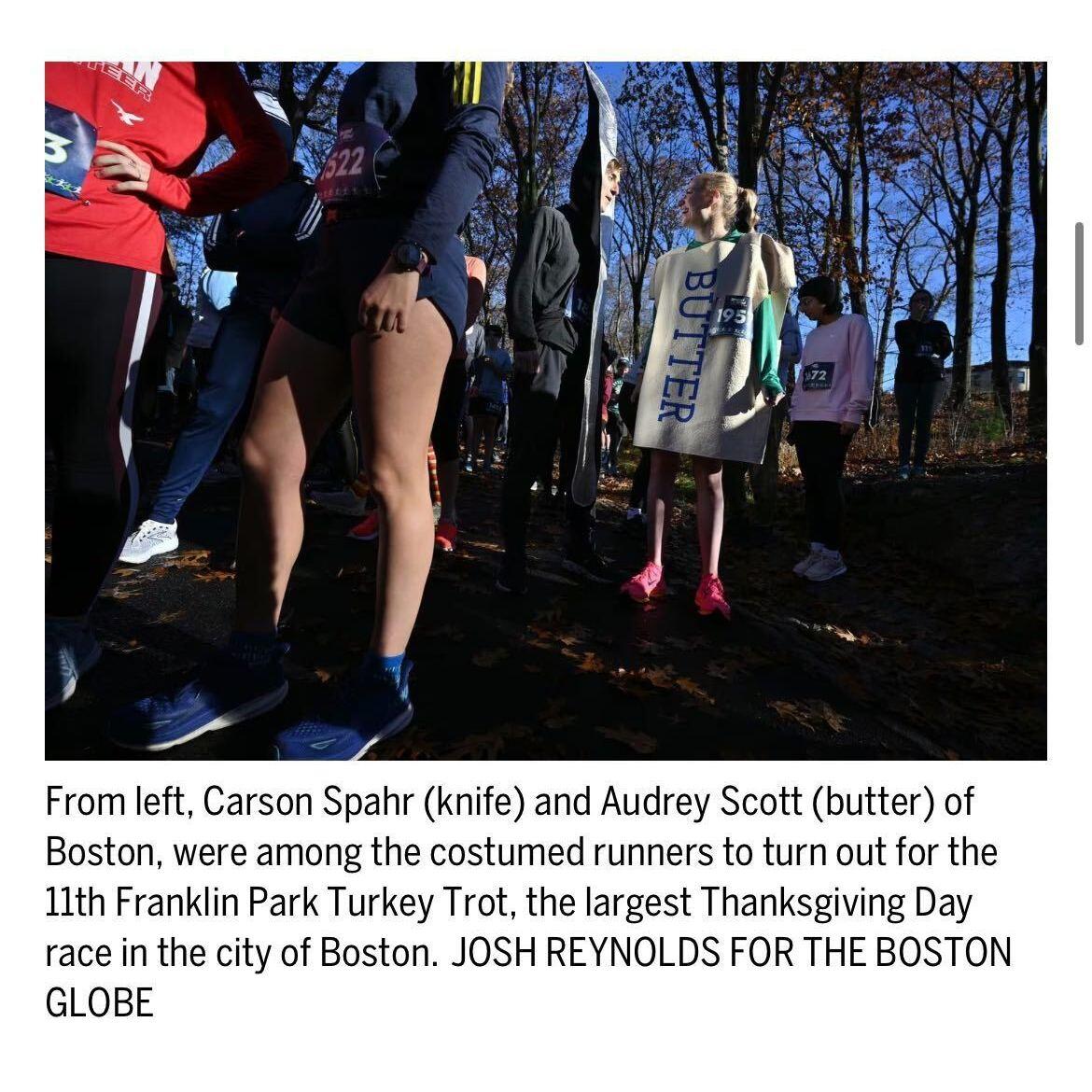 November 23, 2023. Audrey and Carson make it into the Boston Globe for their Turkey Trot costumes (butter and knife). Fun fact, they run every year in the same costumes!