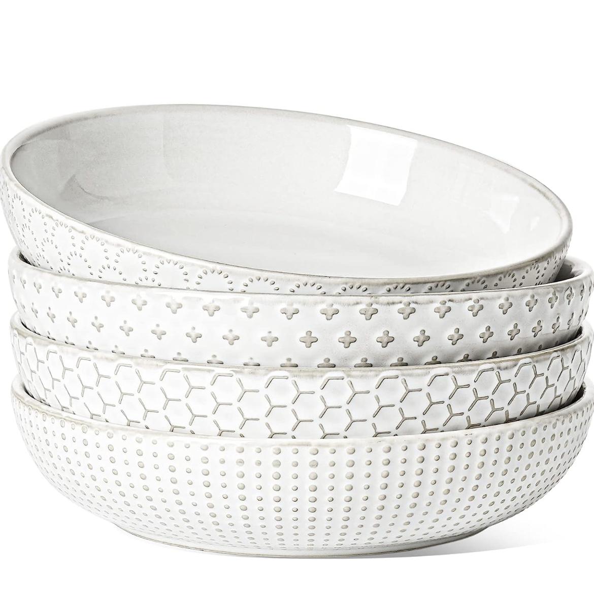 LE TAUCI Pasta Bowl 36 oz, Salad Bowl Serving Plate Bowls, House-warming Gift, Ceramic Embossment Stoneware Bowl for Pasta, Fruits, Salad, Noodle, Dinner - 8 Inch, Set of 4, Arctic White
