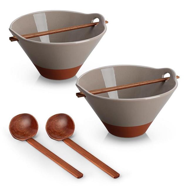 MALACASA 42 oz Ceramic Ramen Bowl Set with Wooden Spoon & Chopsticks, Japanese Style Soup Bowls for Ramen, Pho, Noodles – Set of 2, Microwave & Dishwasher Safe, Series TARA (Brown and Khaki)