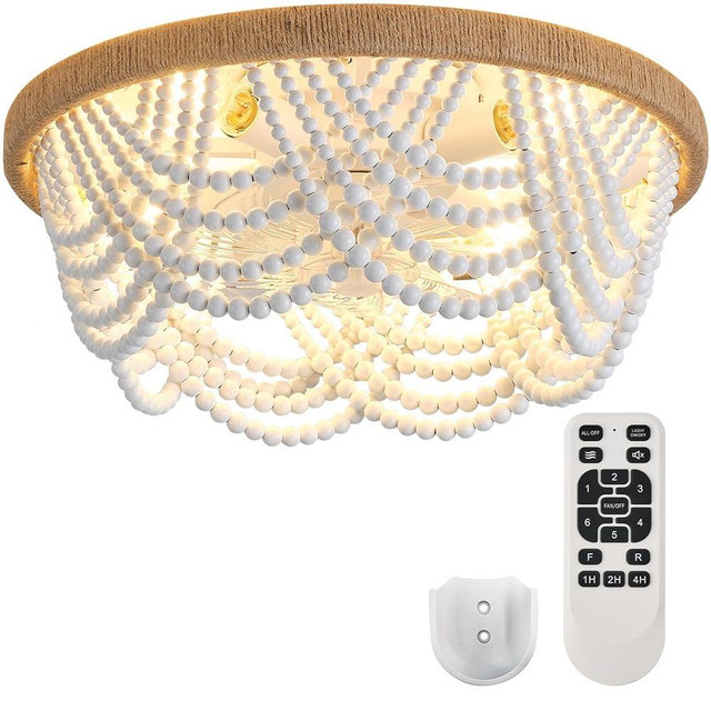 Liokoc Ceiling Fans with Lights and Remote - Bulbs Included, Caged Fandelier with Handcrafted Beaded Décor 19 inches Reversible Flush Mount Installation Ceiling Fan, White