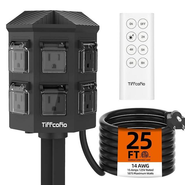 TiFFCOFiO Outdoor Power Stake with Timer, 25FT Extension Cord Waterproof,Remote Control Dusk to Dawn Sensor Light Timer, 6 Grounded Outlets for Christmas Decorations, 14 AWG, 15A/1875W, ETL Listed