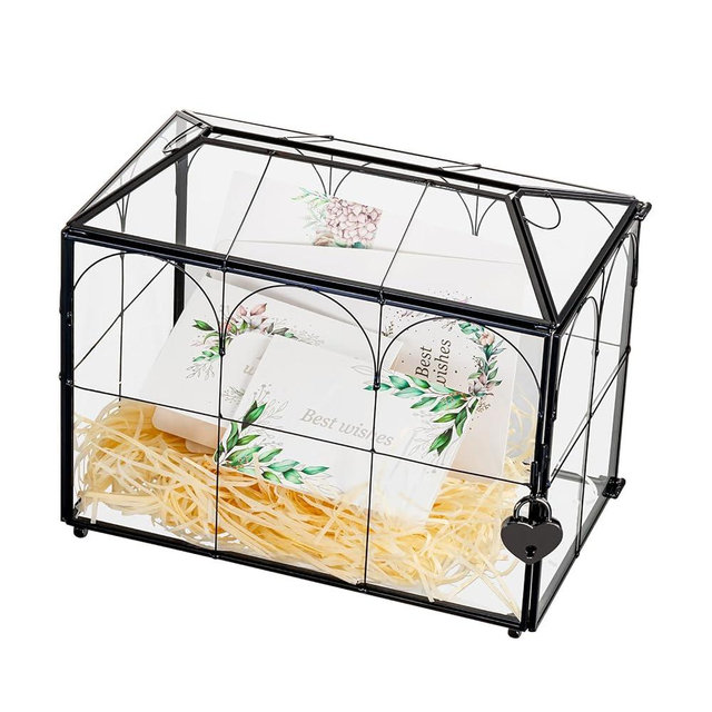 AihuaAili Glass Wedding Card Box with Lock and Slot, 10.2" x 5.9" x 7.9" Clear Card Box for Wedding Reception, Graduation, Keepsake Display, Party Centerpiece -Black