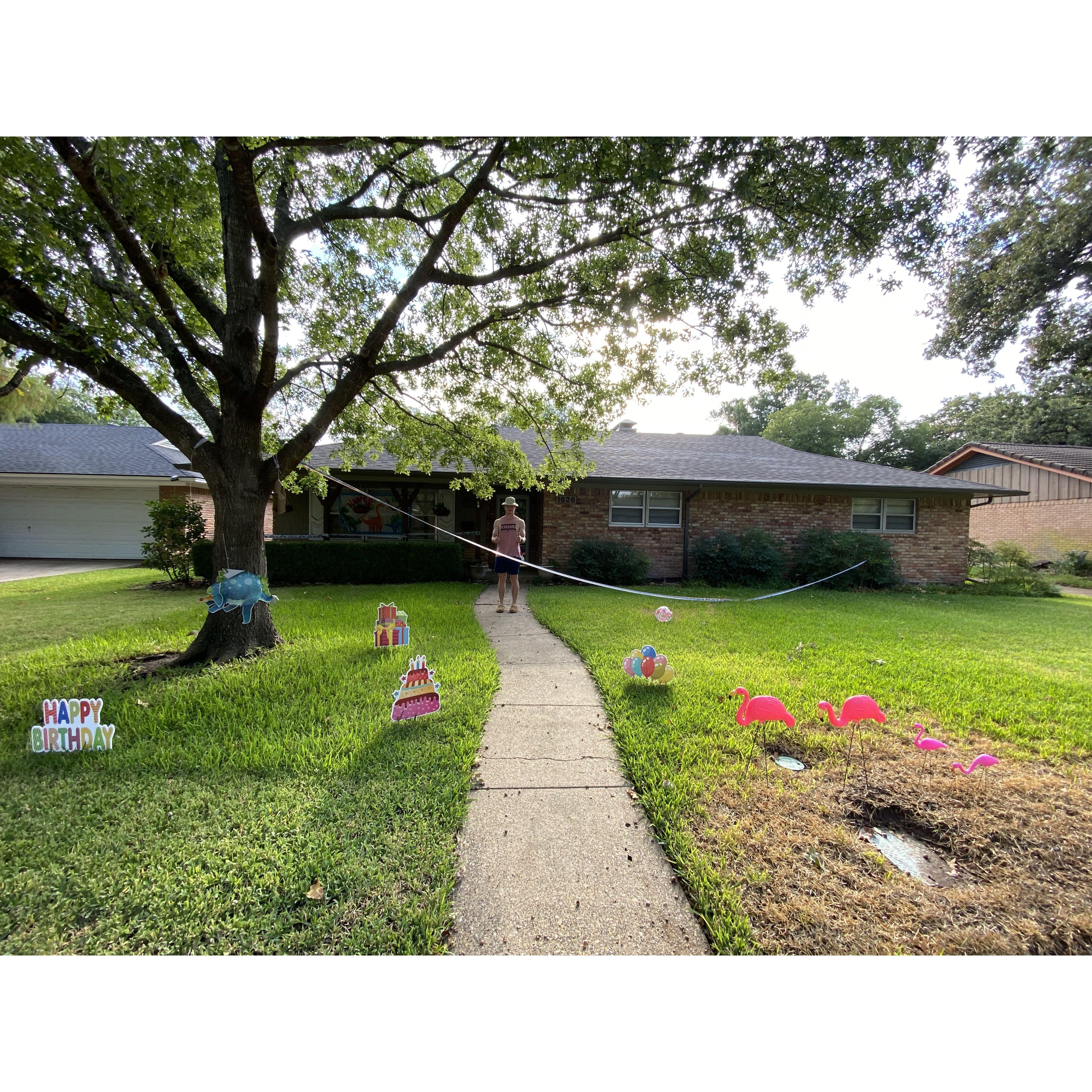 Hobie is particular about his yard, so he was really shocked to see all the fun birthday decorations Taylor put up!