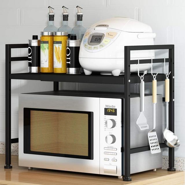 Pusdon Extendable Microwave Oven Rack, Adjustable Microwave/Toaster Shelf Heavy Duty Stand Kitchen Counter Top Organizer(L15.7~23.6" xW12.6 xH18.9), 2-Tier with 3 Hooks, 66lbs Weight Capacity, Black
