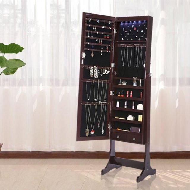 SONGMICS Lockable Jewelry Cabinet Standing Jewelry Armoire Organizer with Mirror LED Light, Brown