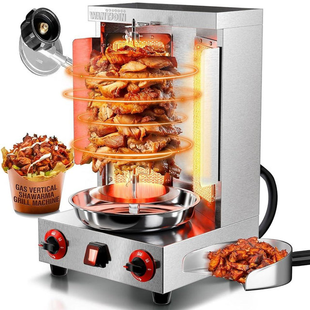 WantJoin Shawarma Grill Machine - 17 lbs Capacity Gas Vertical Rotisserie with 2 Burners and Heat Shields, 122°F to 752°F, for Chicken, Beef, Stainless Steel Gyro Machine, for Party and Commercial Use