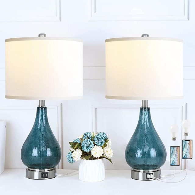 QiMH Glass Table Lamp for Living Room Bedroom Set of 2, 22.5" LED Light with Touch Control, Blue 3 Way Dimmable Modern Bedside Lamps for Home Decor with White Fabric Shade