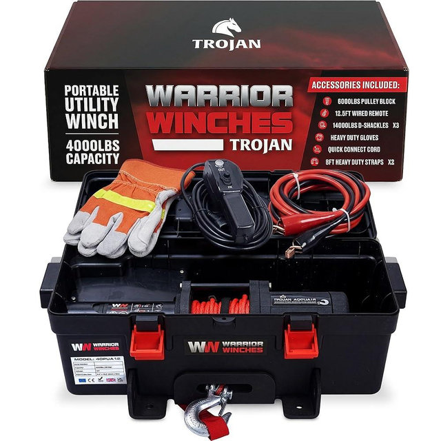 Warrior Winches Trojan Portable 12v Electric Winch 4,000lbs - ATV/UTV Winch with Synthetic Rope, Easy to Carry, No Installation – Ideal for Truck, Off-Roading, Utility Tasks, Trailer Winch