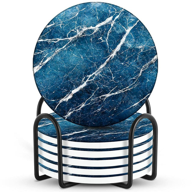 Emerson Coasters for Drinks Absorbent – Dining Table Set of 6 with Holder, 100% Ceramic Wooden Tabletop Protection Marble Style - Non-Slip & Cork Bottom - Heavy Duty (Blue Streak)