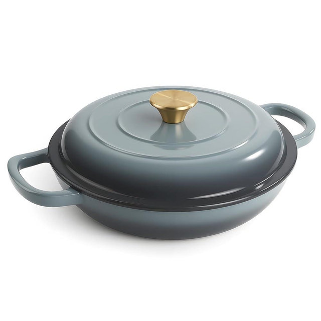 3 Quart Enameled Cast Iron Braiser, Non Stick Enameled Cast Iron Skillet with Lid, Dutch Oven Skillet with lid up to 500°F for Oven, Stove, Grill, Shallow Dutch Oven for Cook, Bake (Gray)