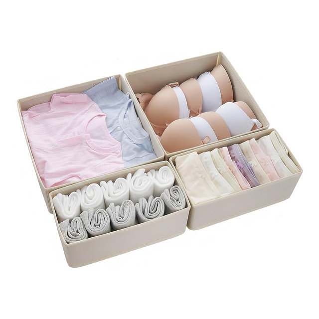 ALFSPEJO Drawer Organizer Set 4 Pack - Foldable Fabric Storage Bins with Zipper Bottom for Underwear Socks Bras Baby Clothes - Closet Dresser Organizers Dividers for Bedroom Nursery, Beige