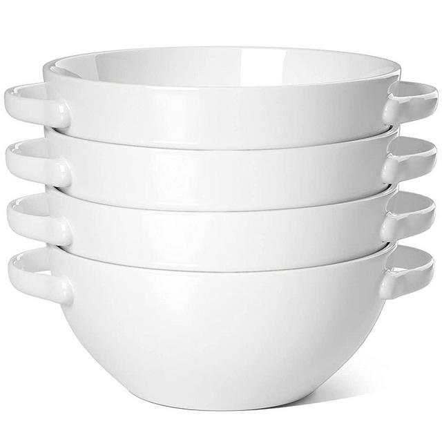 HOMBENE Cereal Soup Bowls with Handles, 24 Ounce Serving Bowl Set, Porcelain Microwave Safe, Salad, Oatmeal, Pasta, Chili Bowl for Restaurant, Set of 4, White