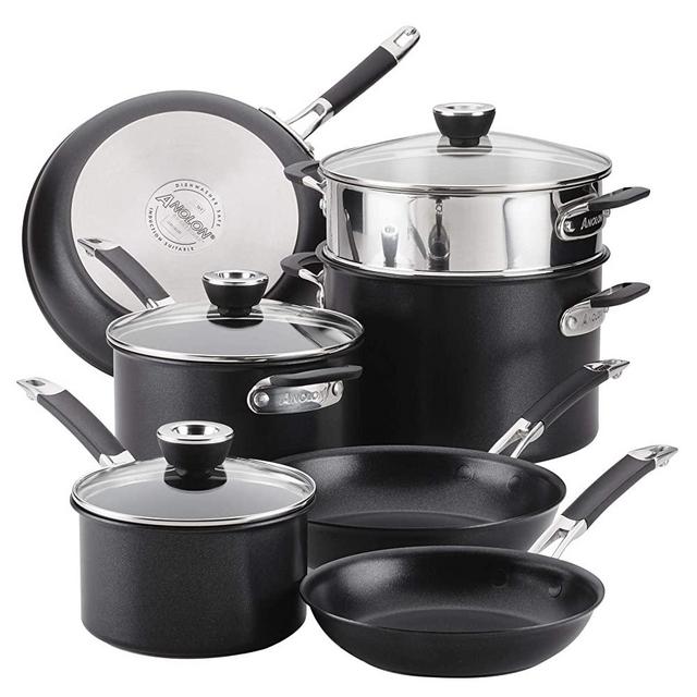 Anolon SmartStack Hard-Anodized Nesting Pots and Pans Set/Cookware Set, 10-Piece, Black