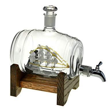 Bourbon Barrel Whiskey Decanter With Ship - 1000ml Liquor Dispenser - Sailing/Boating Gifts for Men and Women, Nautical Decor Retirement Gift (Tomoka Gold)