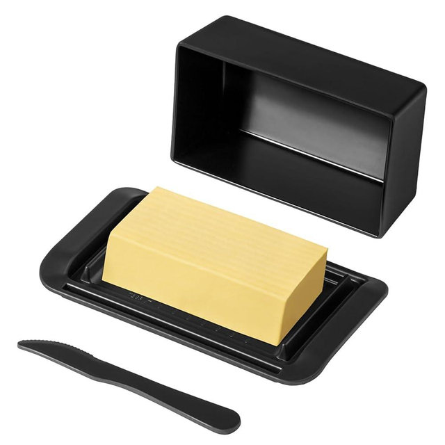 Butter Dish with Lid, Large Butter Dish with Lid for Countertop Built-in Knife Slot Butter Keeper for Kitchen or Fridge, Bamboo Fiber Butter Tray, Butter Holder for 2 Sticks(Black, Large)