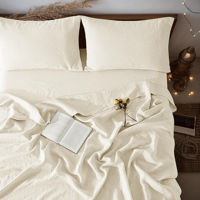 LBRO2M 100% Linen Sheet Set 16" Deep Pocket Queen Size,Bed Sheets 4 Piece Sets,Solid Color Natural Flax Bed Sheets Soft Breathable Bedding, All Season (Queen, Beige)