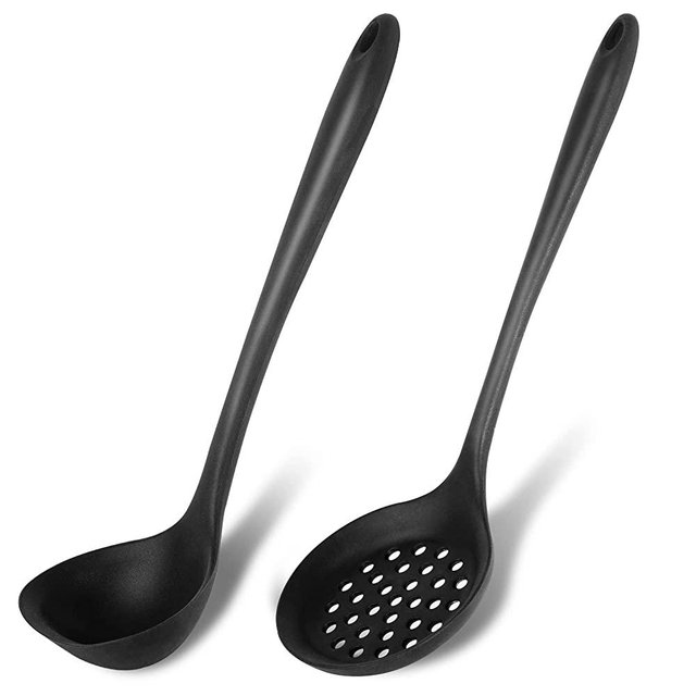 Silicone Soup Ladle Spoon Set of 2,Silicone Nonstick Large Skimmer Slotted Spoons ,Kitchen Ladle Strainer Spoons Heat Resistant Cooking Utensil for Cooking Stirring Serving Draining Frying