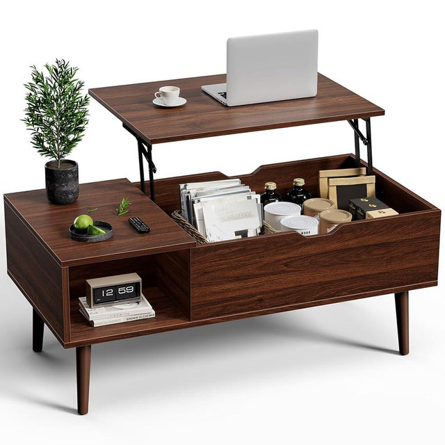OLIXIS Wood Lift Top Coffee Table with Hidden Compartment and Large Storage Shelf, Lift Tabletop Dining Center Table for Home Living Room Office, Dark Brown